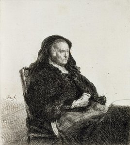La madre del artista sentada en una mesa de Rembrandt van Rijn